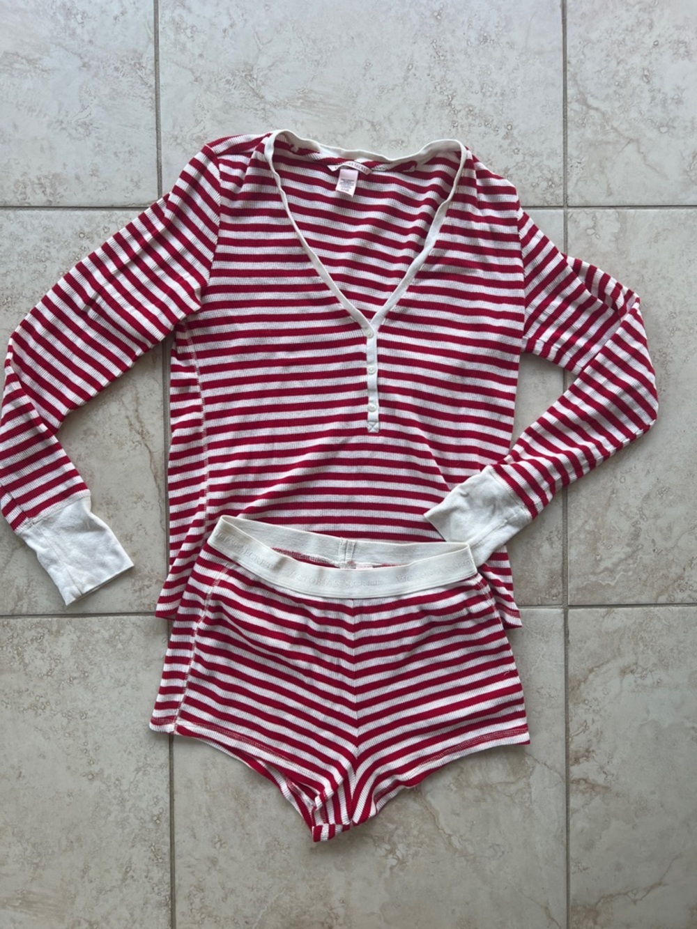 Victoria's Secret Red & White Striped Henley Pajama Set - Picture 4 of 10